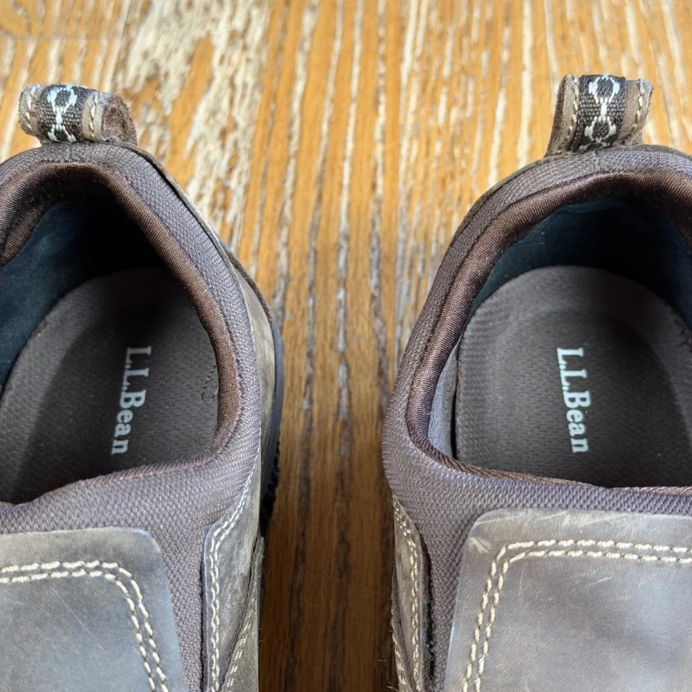 LL Bean Storm Chaser Mens 10.5 Wide Brown Leather Slip On Shoes Hiking Loafers